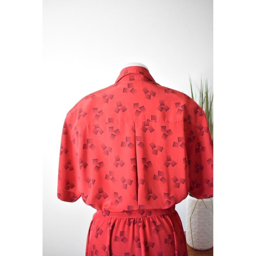 Liz Claiborne Shirt Dress Womens 12 Red 80s Shoulder Pad Geometric Midi 241 - Picture 6 of 10